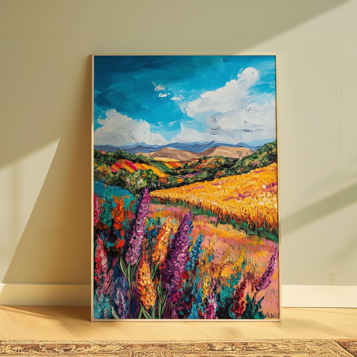 Vibrant Lupines Golden Wheat Fields Rolling Red Hills Blue Sky Landscape Poster