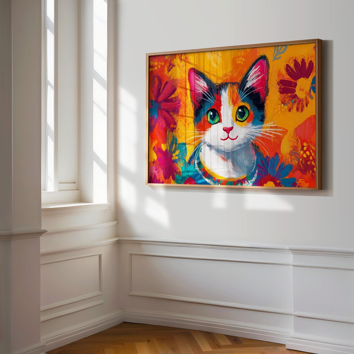 Calico Kitten Smiling Colorful Collar Floral Orange Background Cat Poster - Image 3