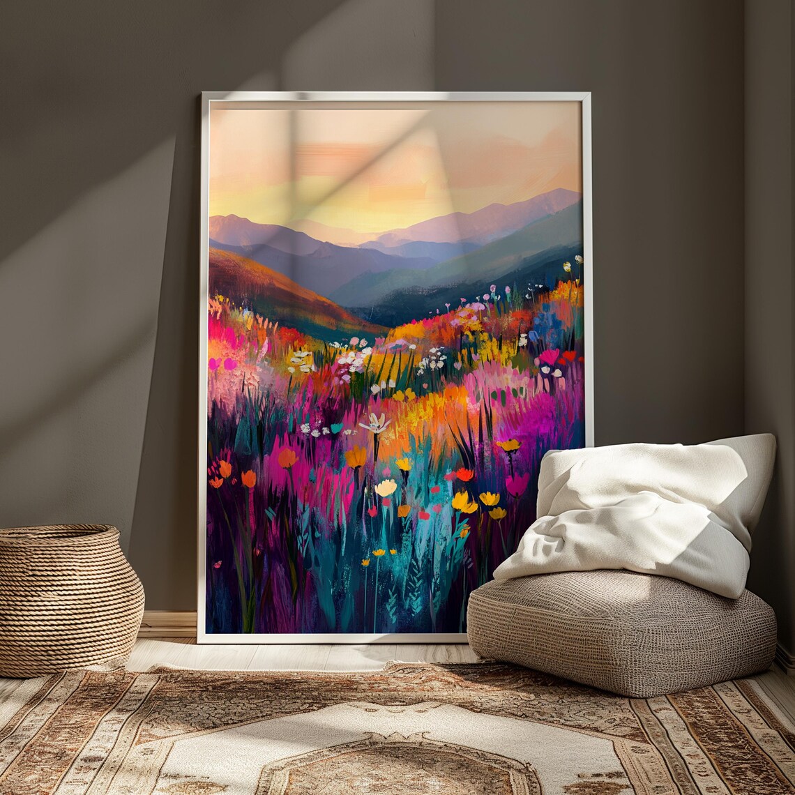 Colorful Wildflower Meadow Mountains Sunrise Landscape Painting Poster - Image 3