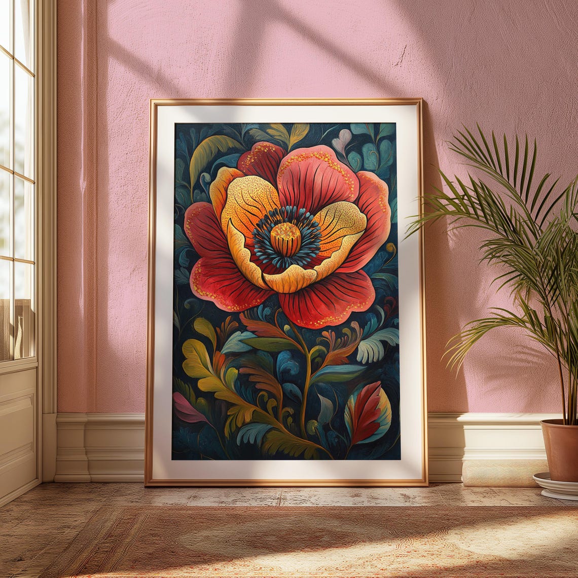 Bold Red Poppy Bloom Navy Botanical Dramatic Mexican Floral Art Poster - Image 2