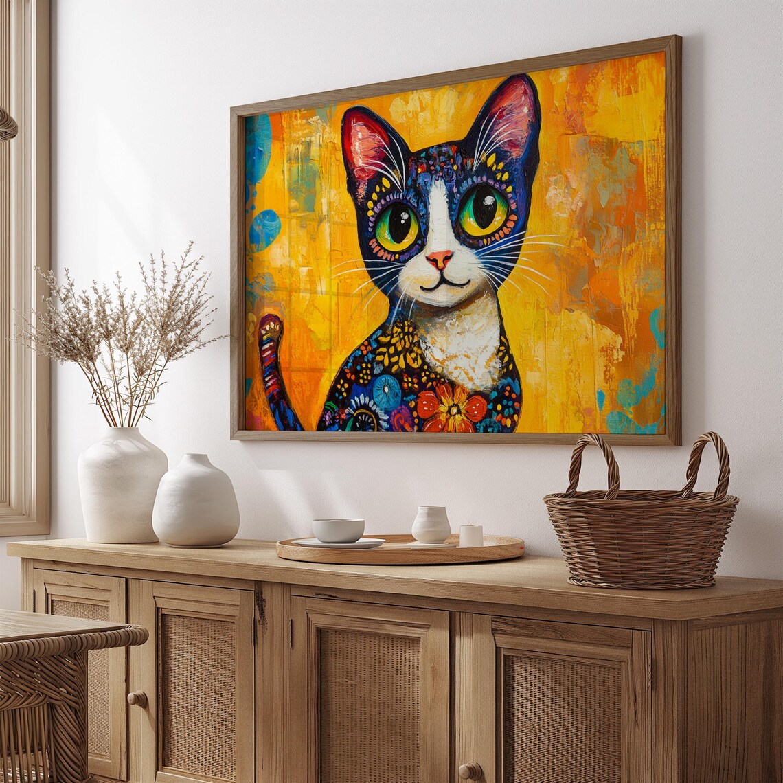 Tuxedo Cat Sitting Floral Patterned Coat Golden Yellow Background Poster