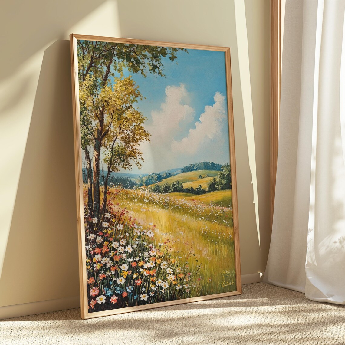 Summer Meadow Wildflower Field Golden Hills Blue Sky Cloud Landscape Poster - Image 4