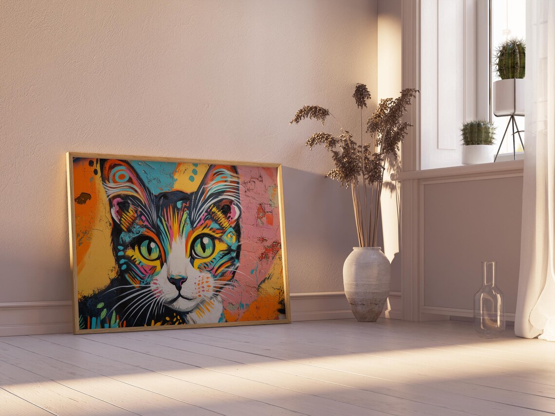 Street Art Graffiti Cat Face Green Eyes Textured Wall Painting Poster - Image 2