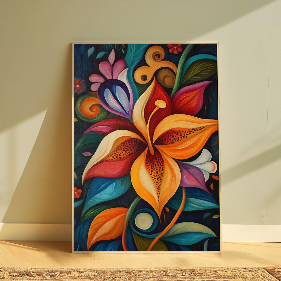 Swirling Orange Lily Teal Leaves Dark Botanical Floral Poster