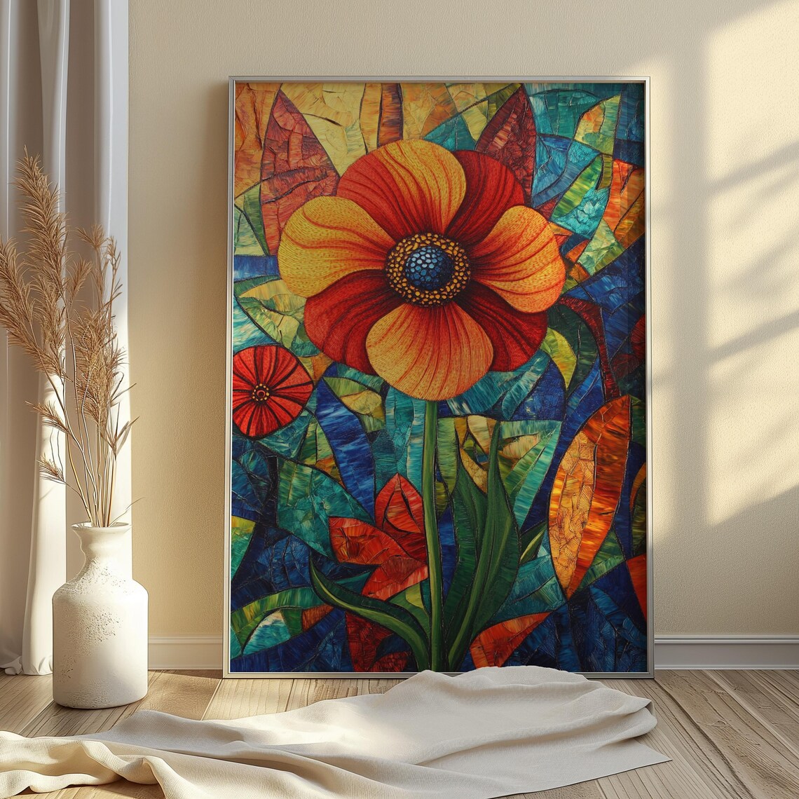 Red Poppy Dotted Center Stained Glass Mosaic Floral Art Poster - Image 4