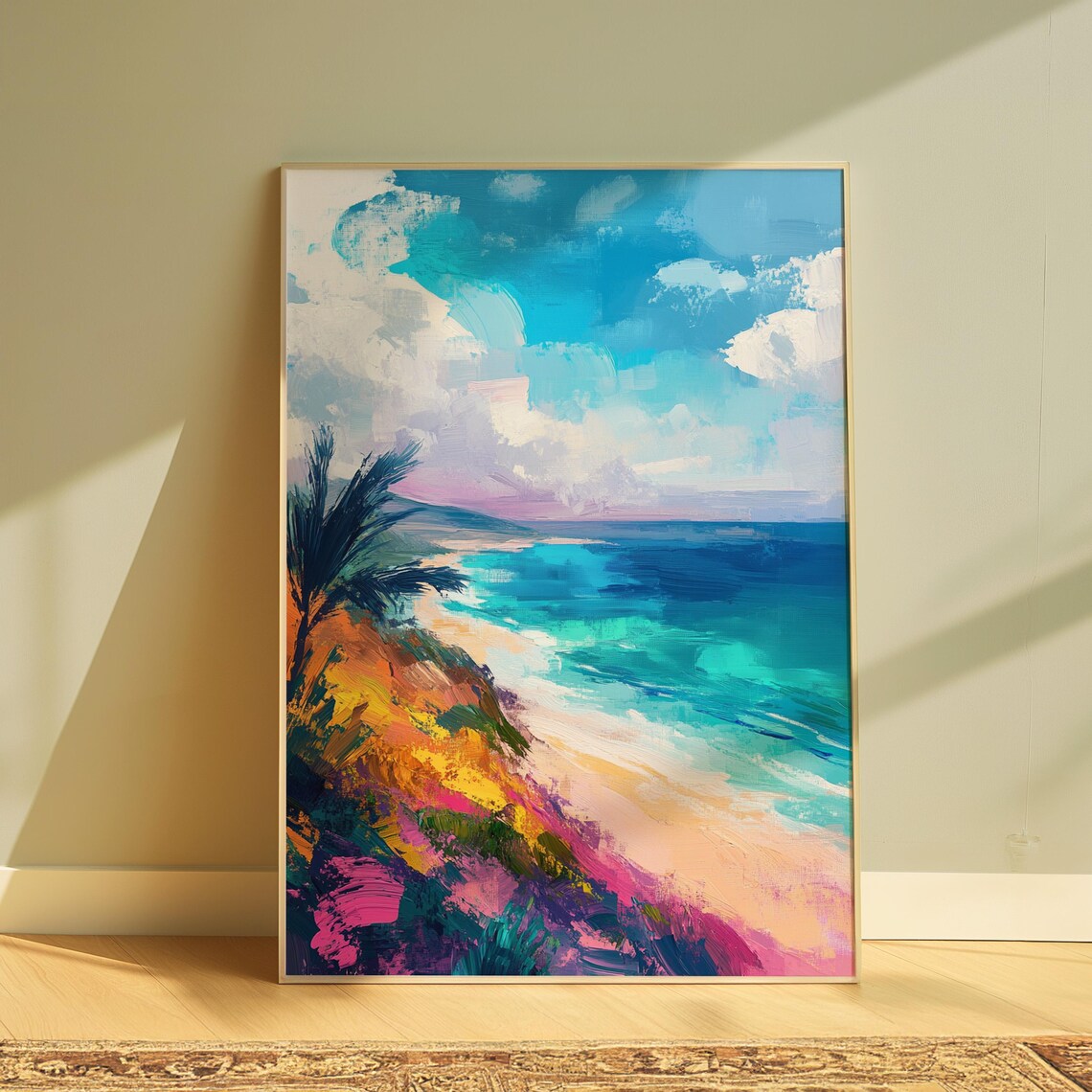 Tropical Beach Palm Silhouette Turquoise Waves Impressionist Coastal Poster