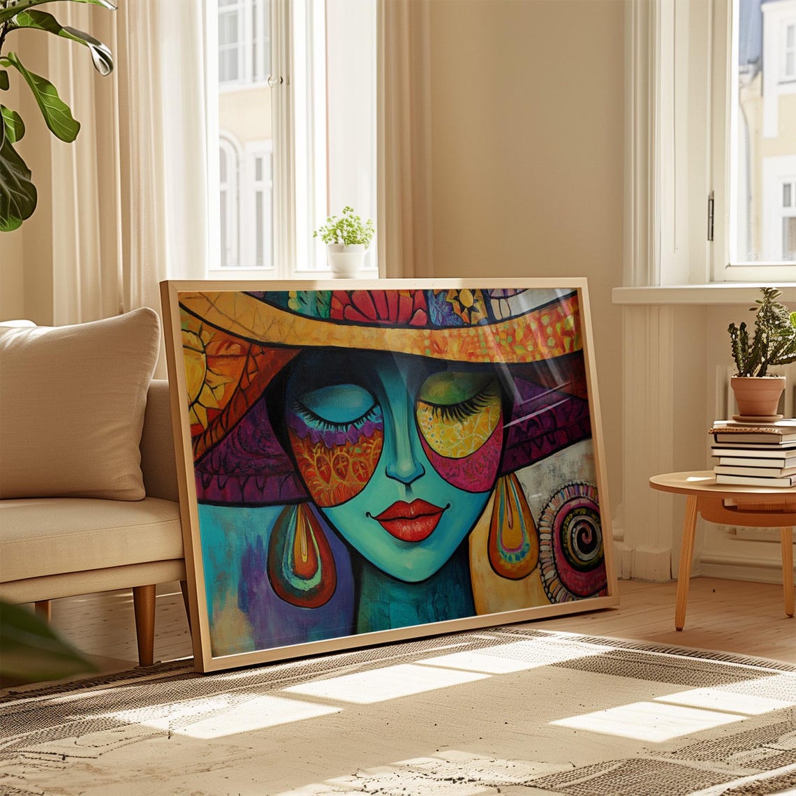 Mexican Woman Portrait Sombrero Colorful Blue Face Art Print - Image 4
