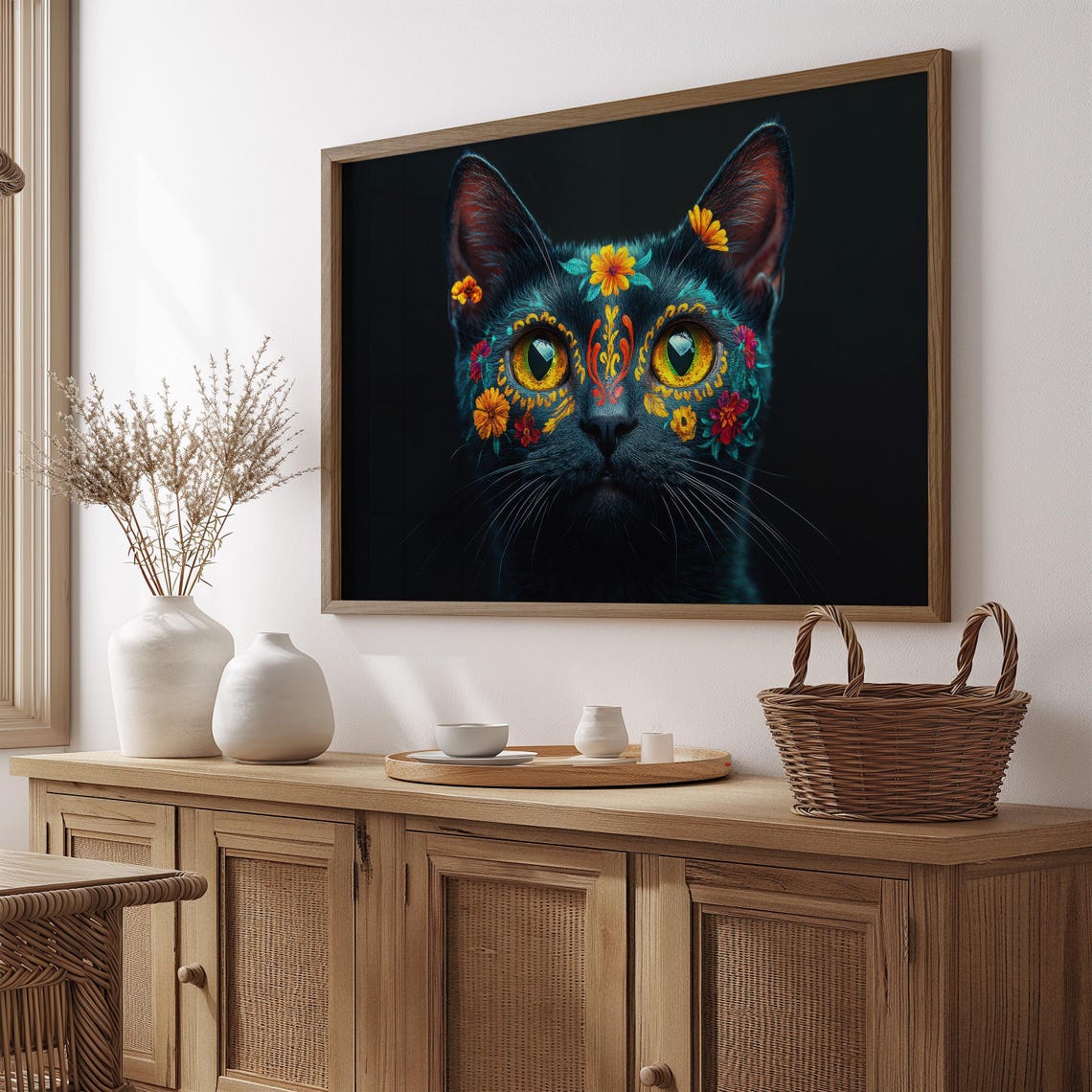 Black Cat Day of the Dead Floral Sugar Skull Yellow Eyes Wall Art