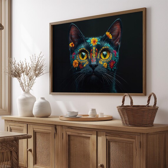 Black Cat Day of the Dead Floral Sugar Skull Yellow Eyes Wall Art