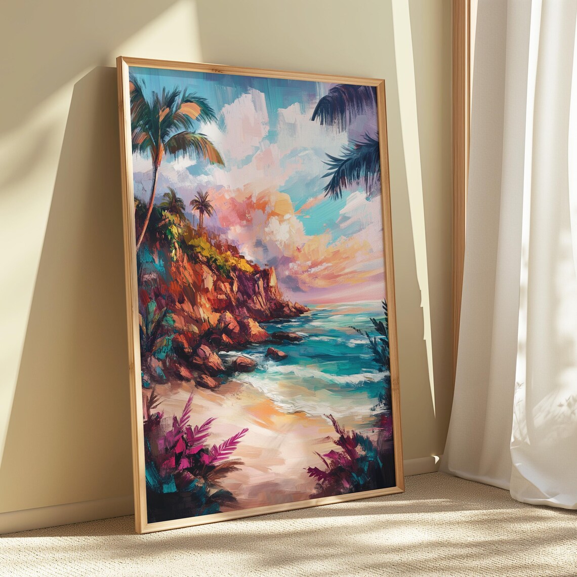 Tropical Beach Cove Sunset Palm Trees Orange Cliffs Turquoise Sea Landscape Poster - Image 5