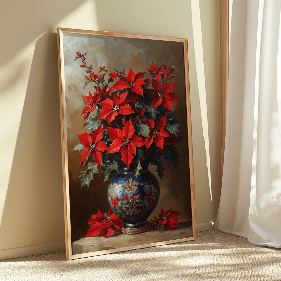 Red Poinsettia Dark Blue Ornate Vase Moody Christmas Art Poster - Image 5