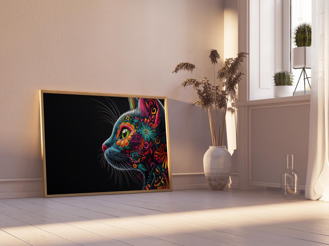 Mexican Alebrije Cat Profile Portrait Colorful Folk Art on Black Poster - Image 2