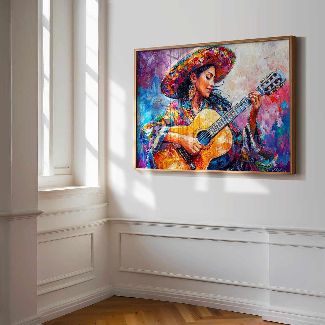 Mexican Guitar Player Painting Sombrero Woman Music Palette Knife Wall Art - Image 3