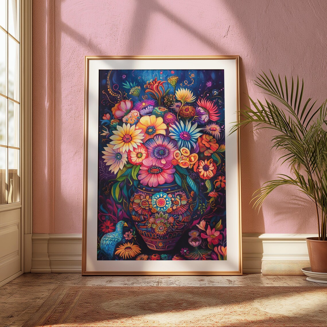 Moody Mexican Folk Art Pink Purple Floral Bouquet With Bird Wall Print - Image 2