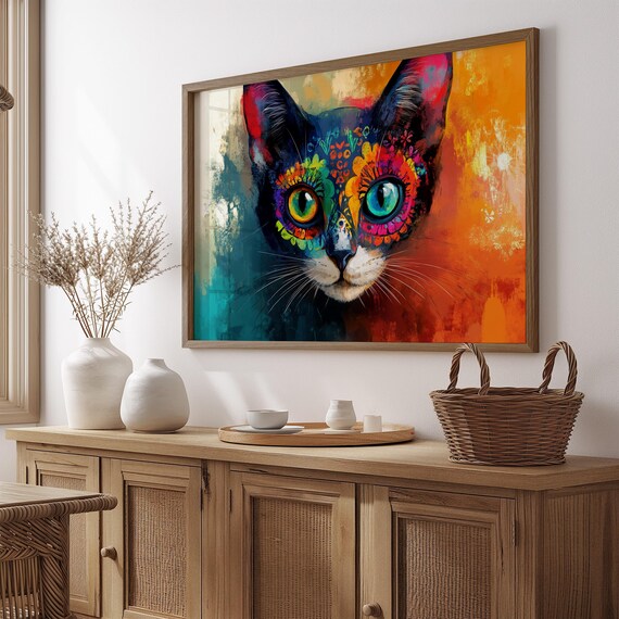 Mexican Folk Art Cat Portrait Mismatched Eyes Teal Orange Canvas Poster