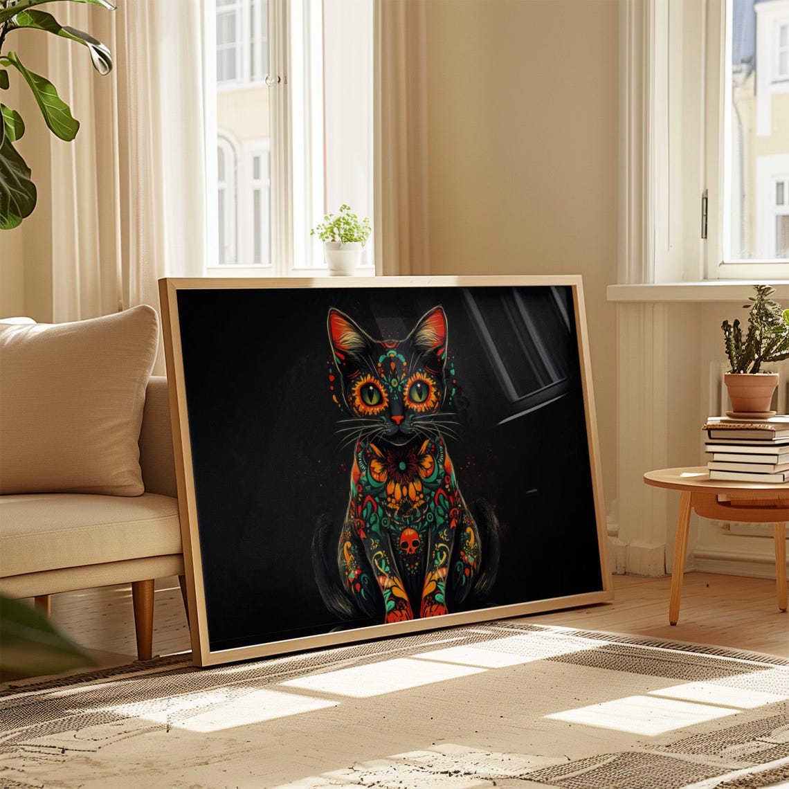 Sitting Black Cat Full Body Day of Dead Marigold Skull Motif Wall Art - Image 4