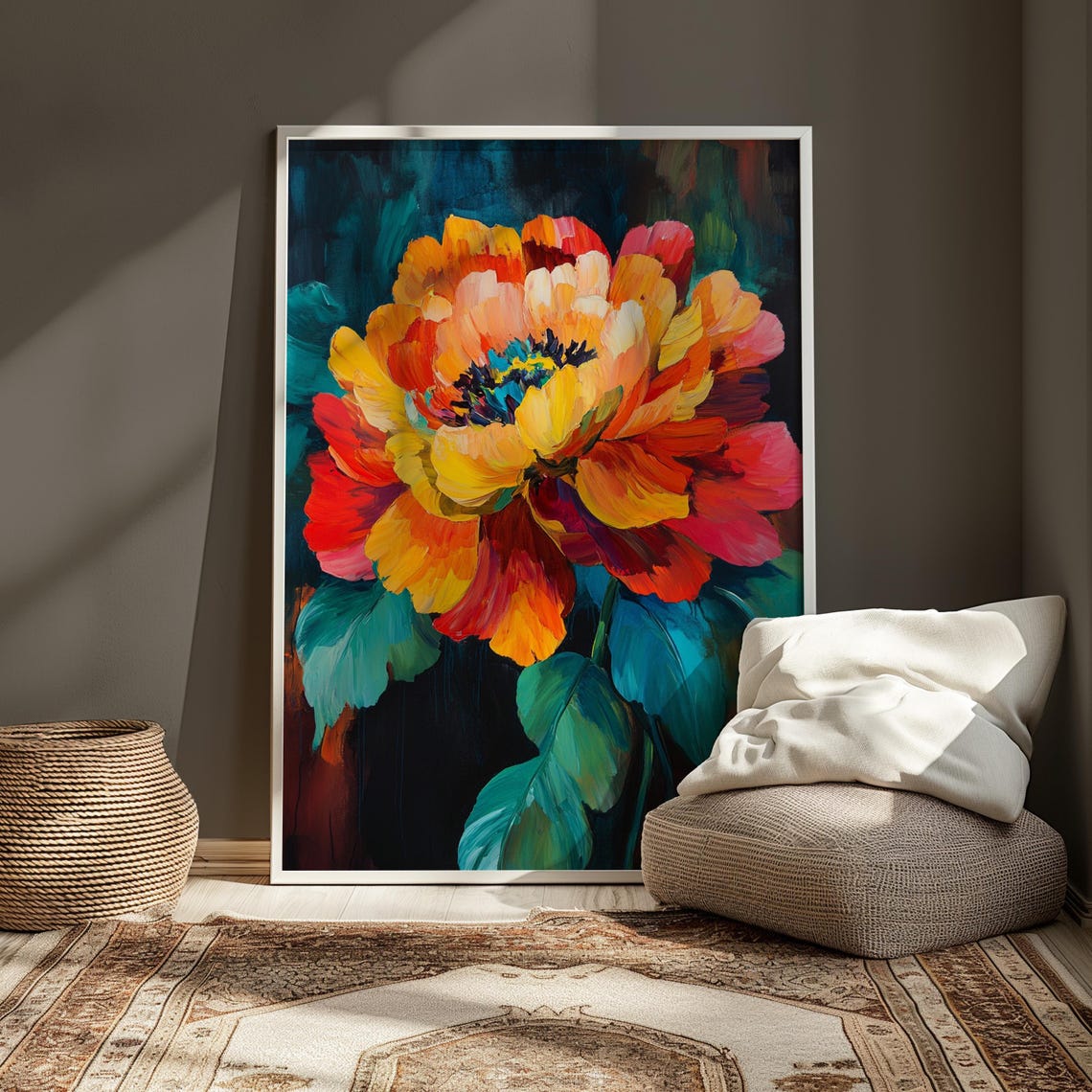 Sunset Peony Bloom Dark Teal Background Impressionist Floral Poster - Image 3