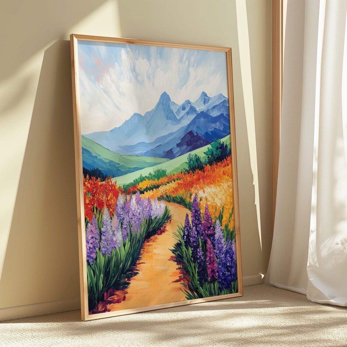 Winding Path Purple Lupines Orange Blooms Green Hills Blue Mountains Landscape Poster - Image 5
