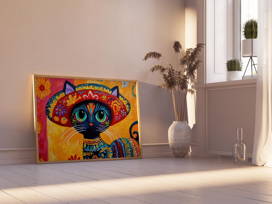Black Cat in Floral Sombrero Mexican Fiesta Folk Art Vivid Cat Poster - Image 2