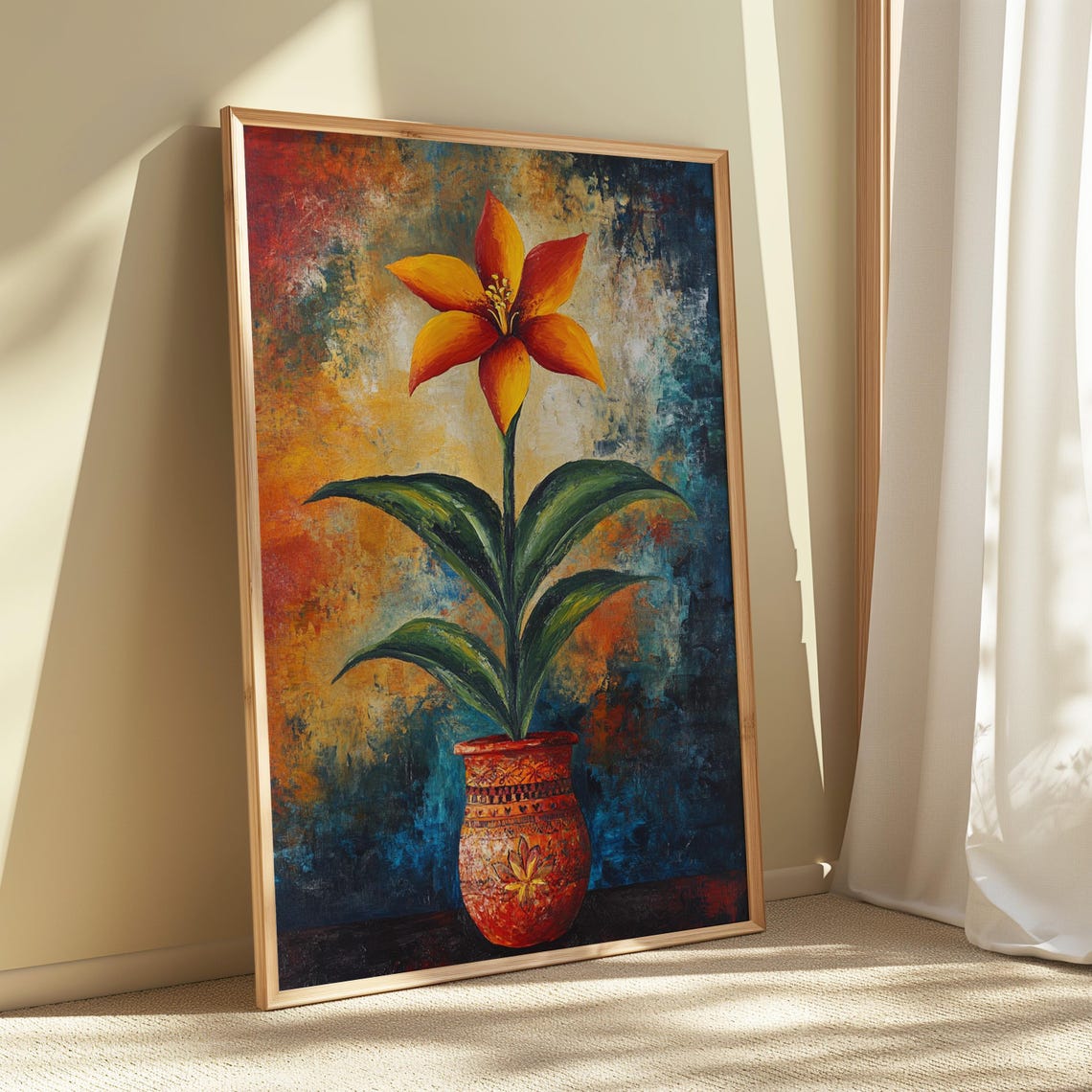 Orange Lily Terracotta Pot Rustic Folk Still Life Floral Poster - Image 5