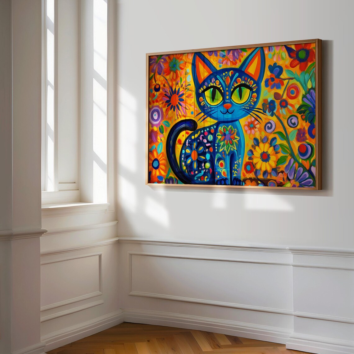 Happy Blue Folk Art Cat Sitting Among Garden Flowers Smiling Poster - Image 3