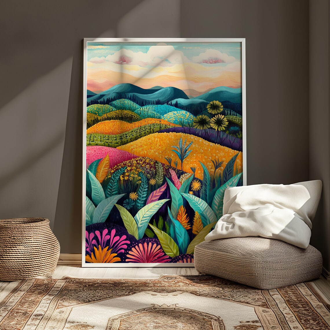 Quilted Rolling Hills Patchwork Meadows Teal Orange Folk Art Landscape Poster - Image 3