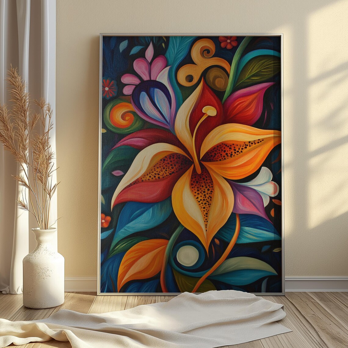 Swirling Orange Lily Teal Leaves Dark Botanical Floral Poster - Image 4