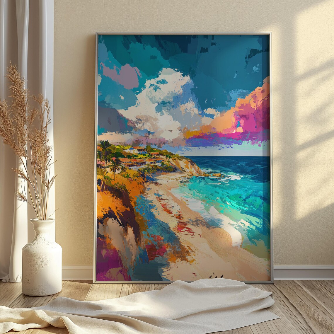 Cliffside Beach Town Turquoise Ocean Sunset Colorful Art Print - Image 3