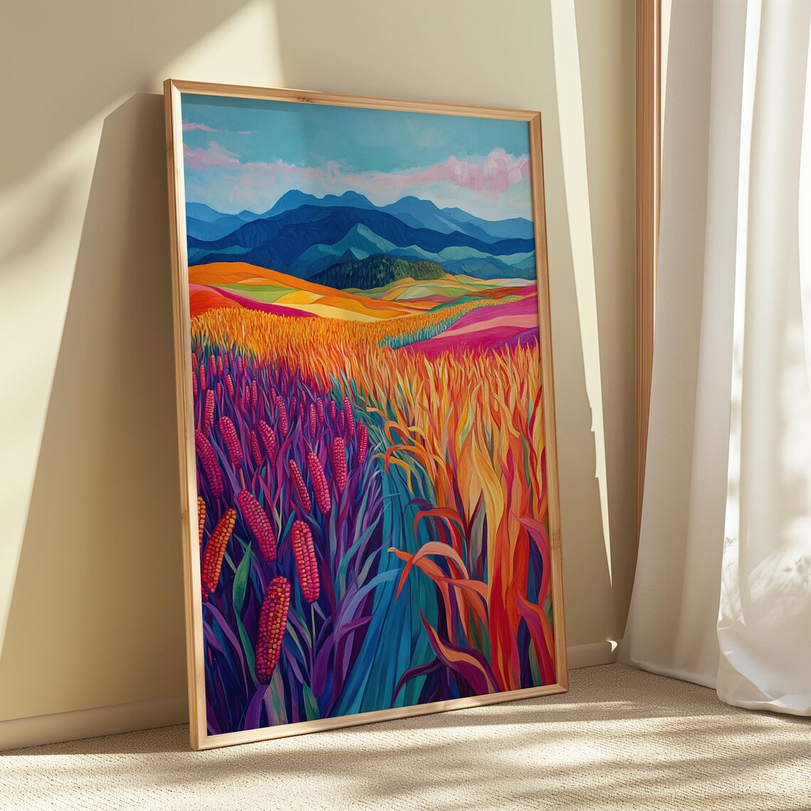 Colorful Corn Maize Field Blue Mountains Harvest Folk Landscape Wall Art Poster - Image 5
