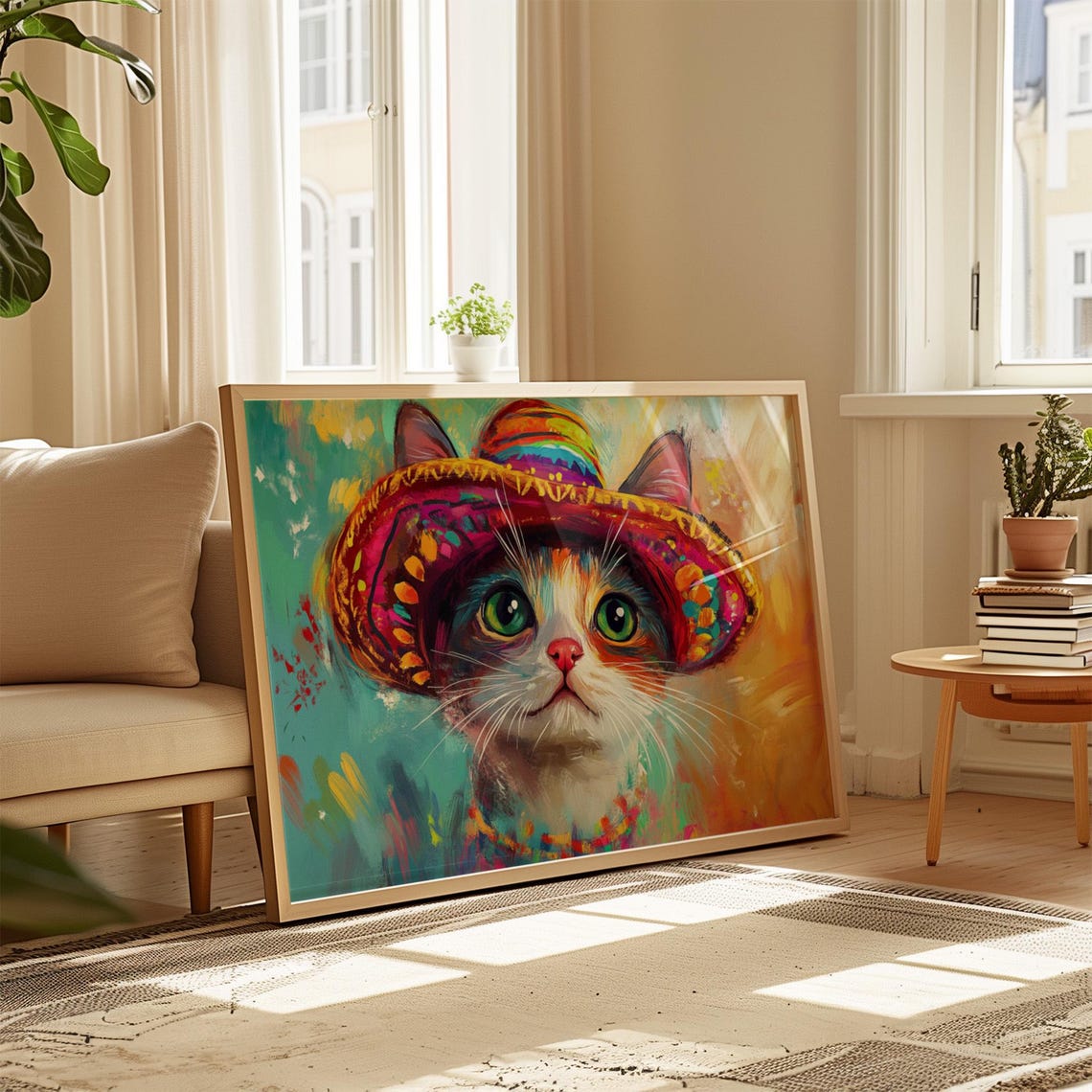 Kitten In Bright Sombrero Green Eyes Festive Mexican Art Poster - Image 4