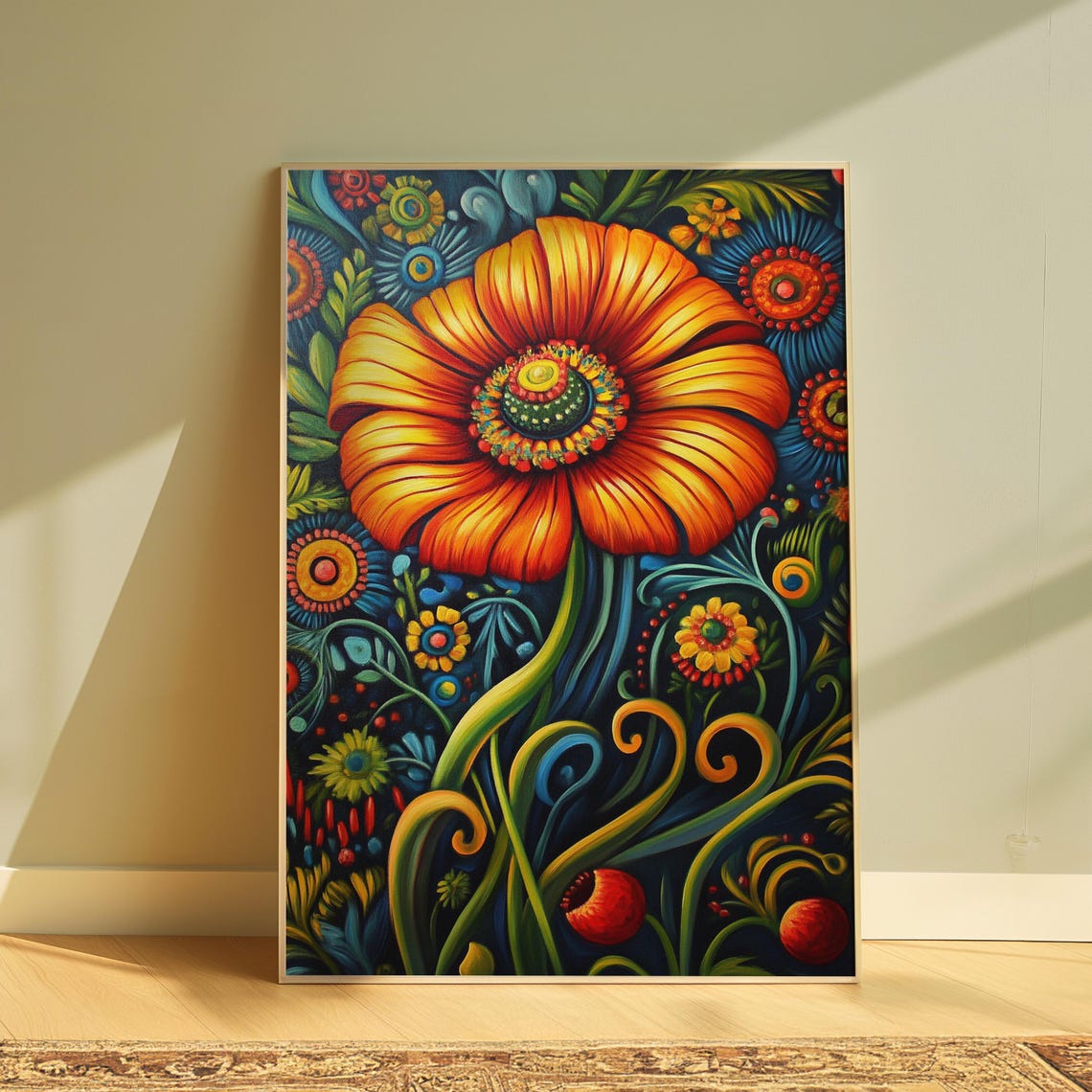 Giant Orange Daisy Detailed Center Blue Night Garden Bloom Poster