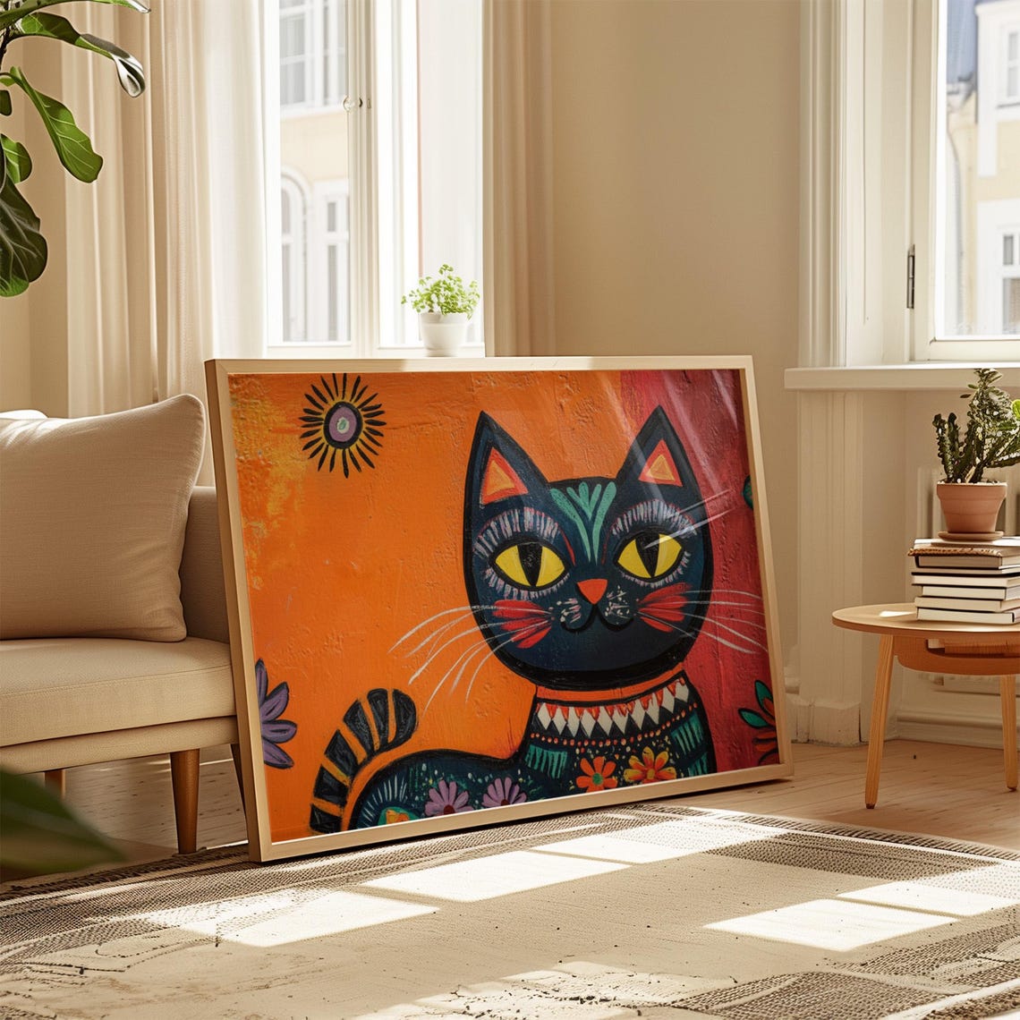 Bold Black Tribal Cat With Yellow Eyes Sun Motif Orange Poster - Image 4