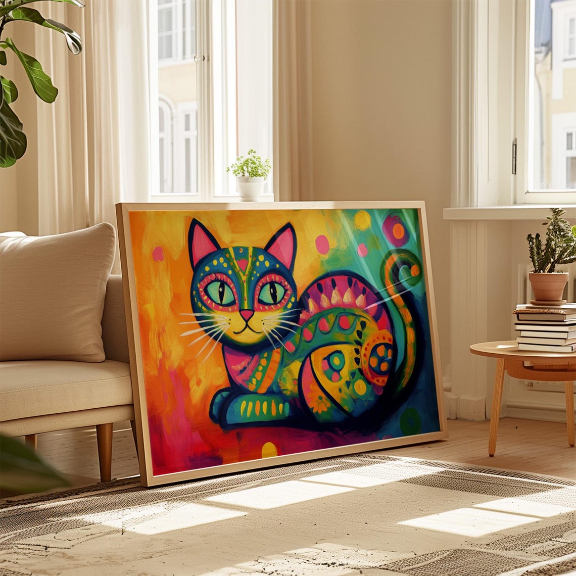 Rainbow Folk Art Cat Curled Up Patterned Coat Bright Happy Cat Poster - Image 4