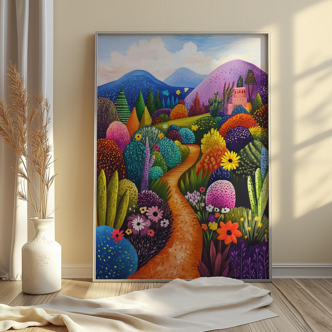 Colorful Folk Art Cactus Garden Path Pink Church Whimsical Print - Image 3