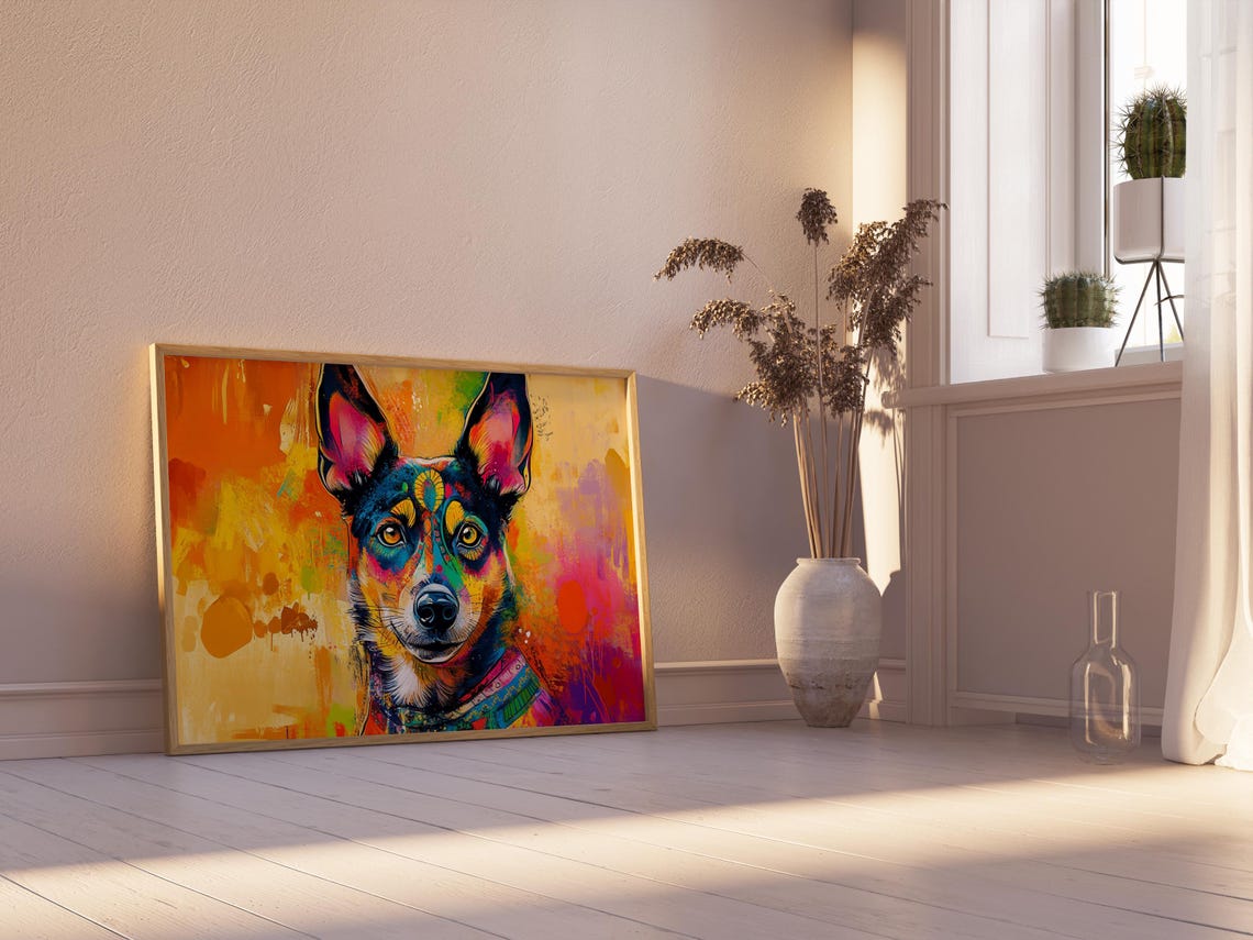 Rainbow Painted Dog Face Portrait Upright Ears Warm Abstract Poster - Image 2