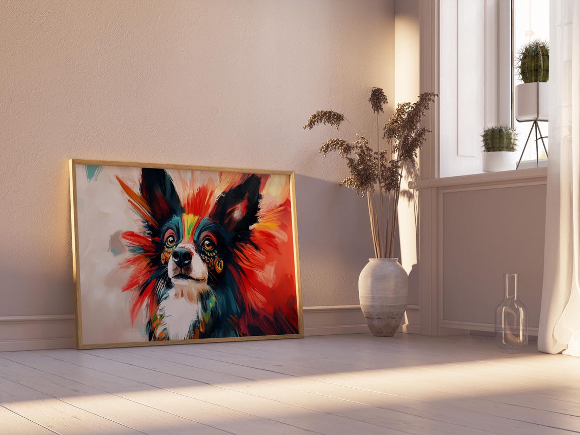 Butterfly Eared Dog Fiery Red Brushwork Colorful Portrait Art Poster - Image 2