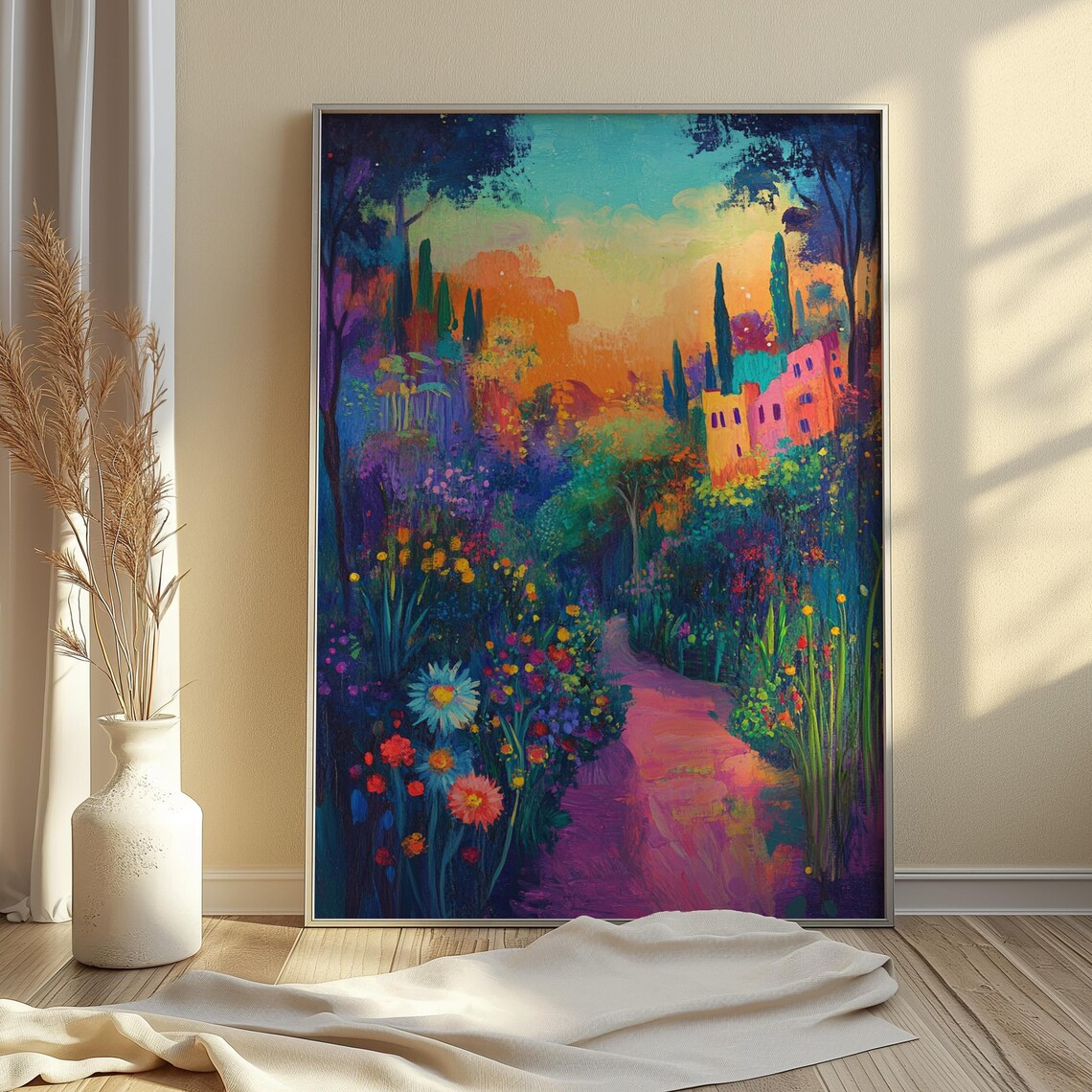 Enchanted Flower Garden Hilltop Village Sunset Colorful Landscape Poster - Image 4