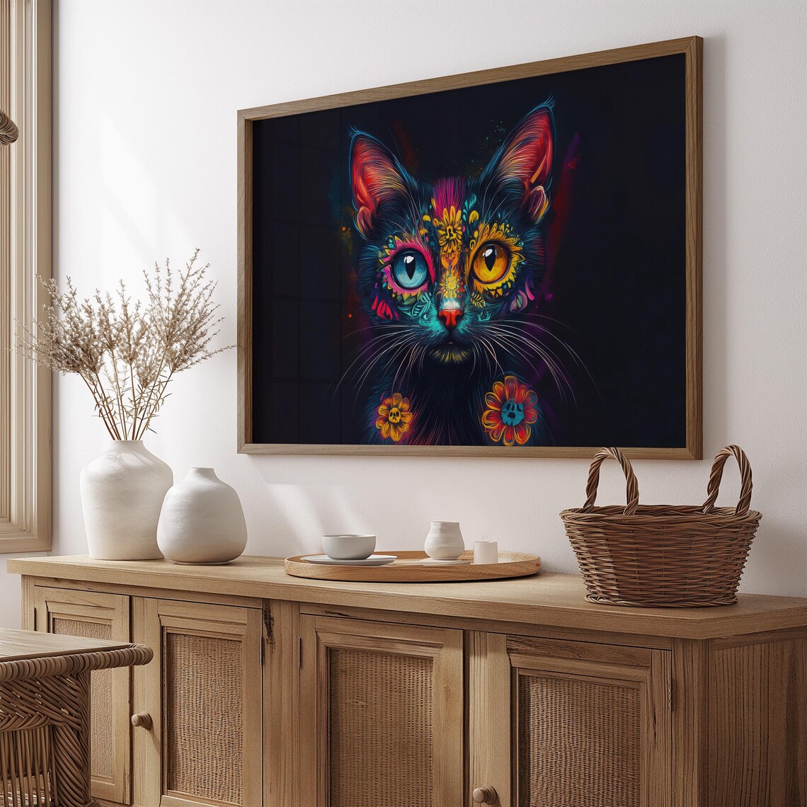 Black Cat Sugar Skull Marigold Flowers Heterochromia Eyes Dark Art Poster