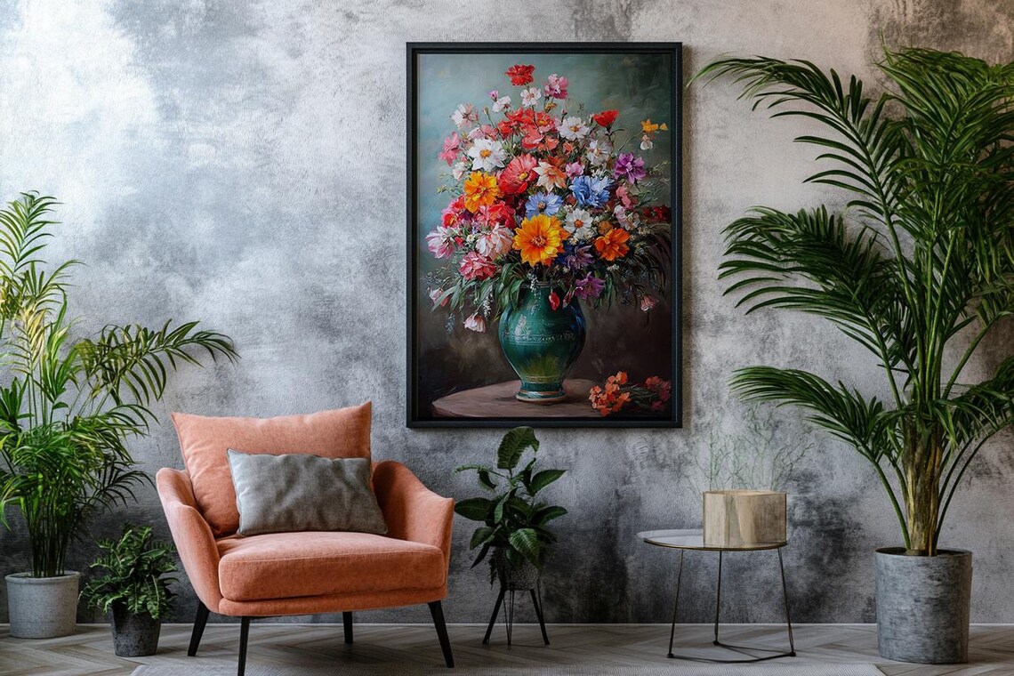 Wildflower Bouquet in Green Vase Oil Painting Floral Wall Art - Image 2