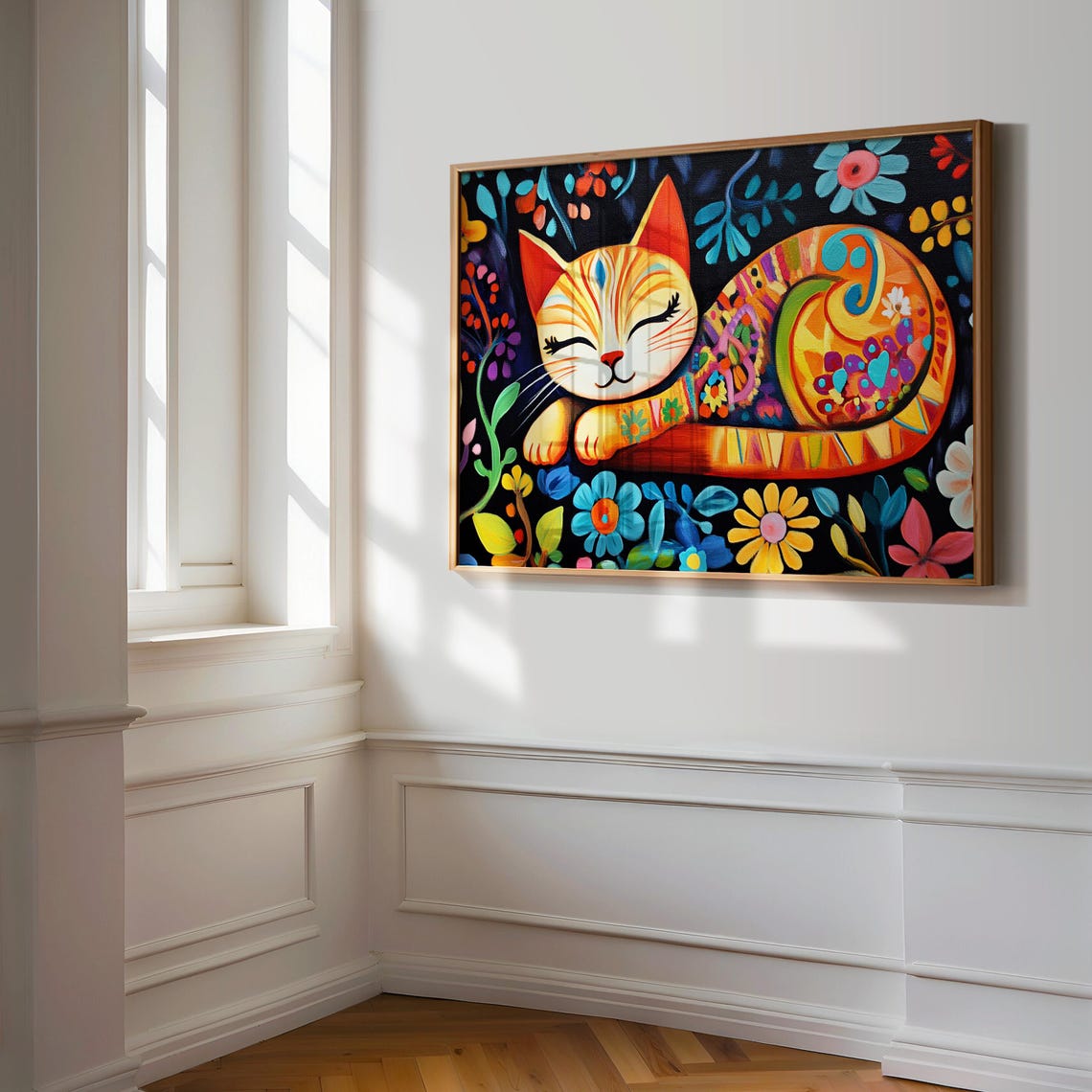 Ginger Cat Sleeping Floral Night Garden Patterned Coat Cozy Art Poster - Image 3