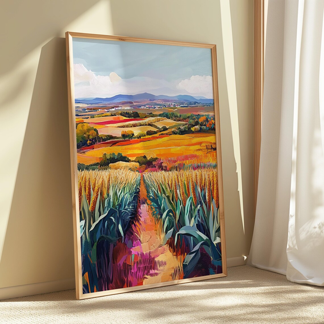 Corn Rows Golden Wheat Fields Rolling Orange Farmland Distant Hills Landscape Poster - Image 5