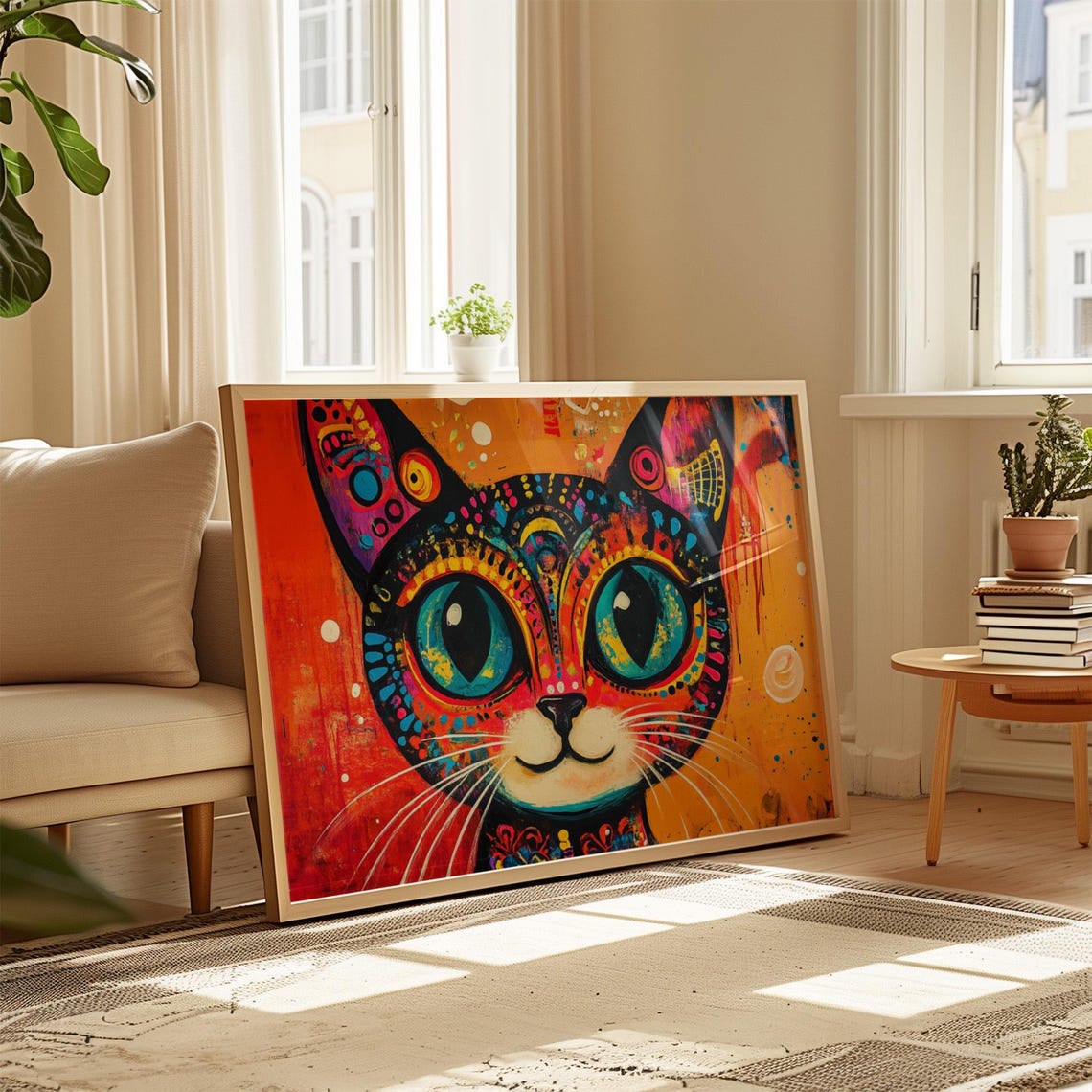 Patterned Cat Face Huge Blue Eyes Day Of The Dead Style Poster - Image 4
