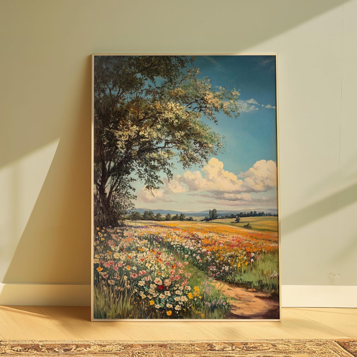 Blossoming Tree Wildflower Field Winding Path Golden Light Art Poster