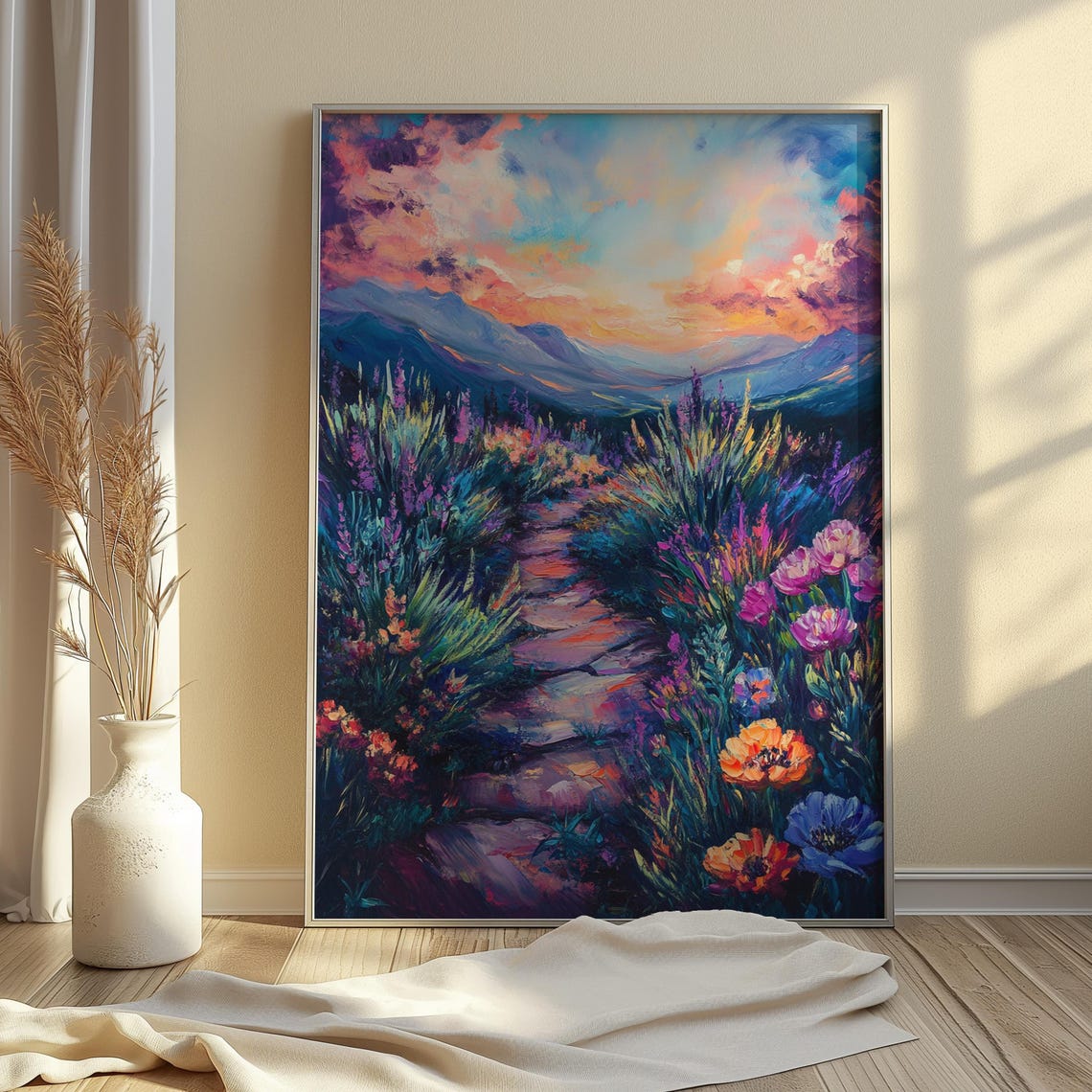Wildflower Meadow Path Mountain Sunset Impressionist Art Poster - Image 4