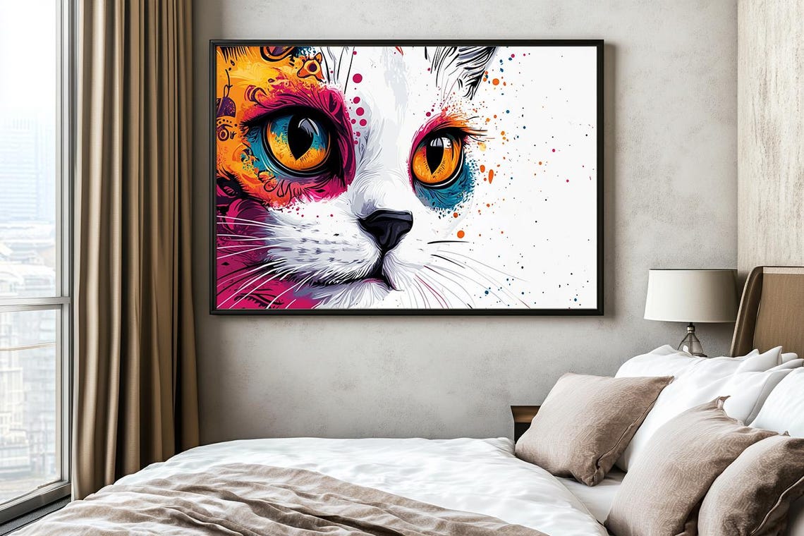 Dramatic Close Up Amber Eyed Cat With Colorful Paint Splash Poster