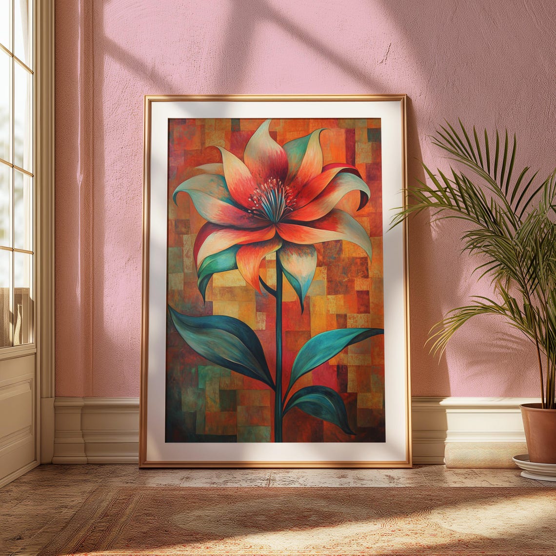 Red Teal Lily Large Bloom Orange Mosaic Tile Background Poster - Image 2