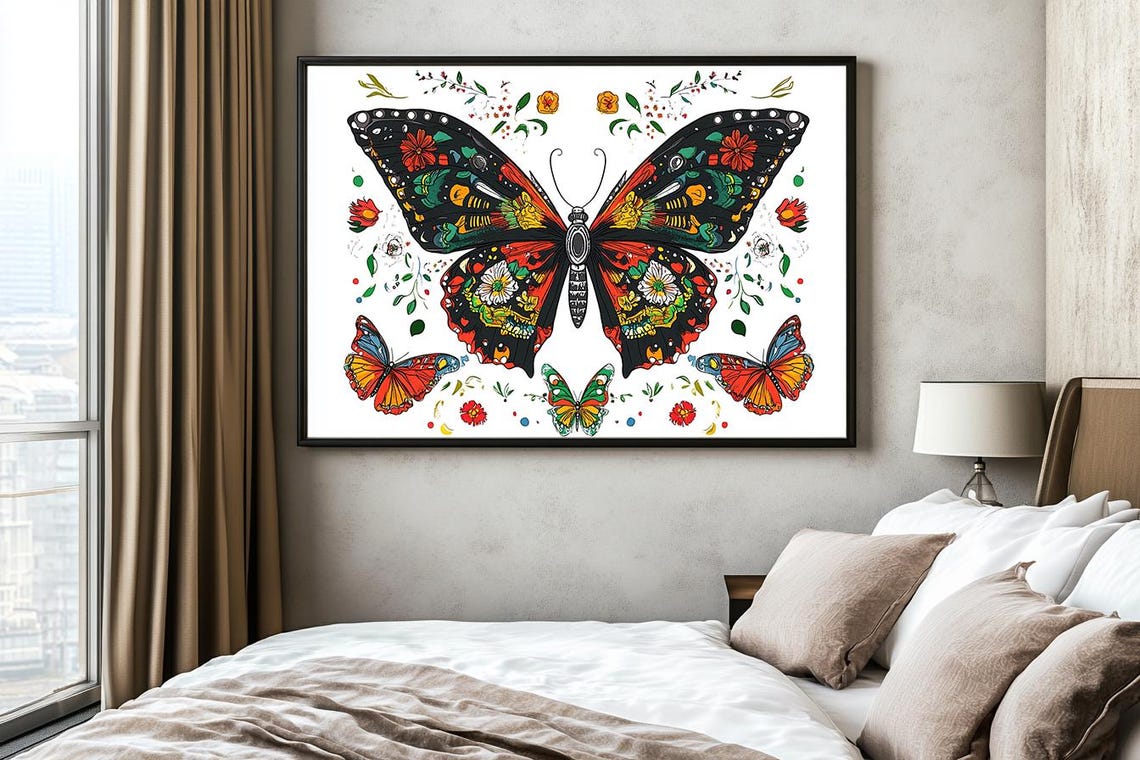 Folk Art Butterfly Red Black Wings Floral Mexican Style Poster - Image 2