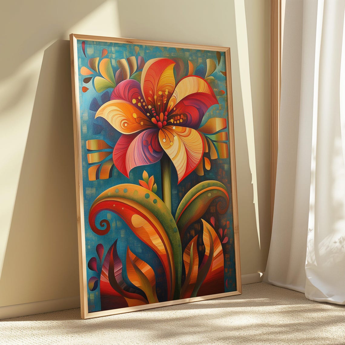 Red Gold Fantasy Bloom Turquoise Background Whimsical Floral Poster - Image 5