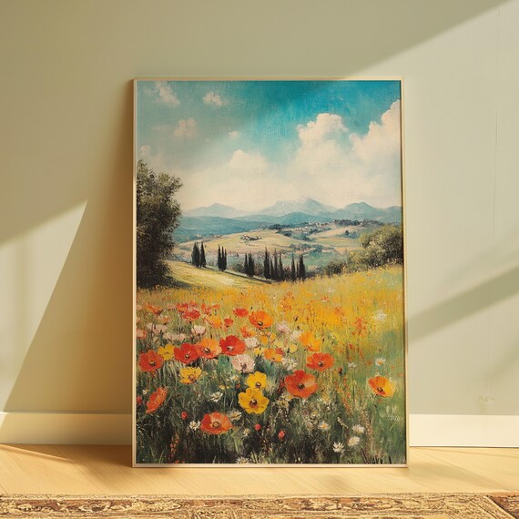 Red Poppy Meadow Cypress Trees Rolling Hills Impressionist Art Poster
