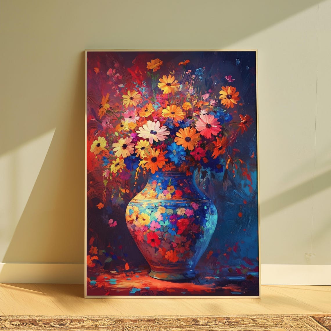 Impressionistic Daisy Bouquet in Painted Blue Vase Dark Floral Poster